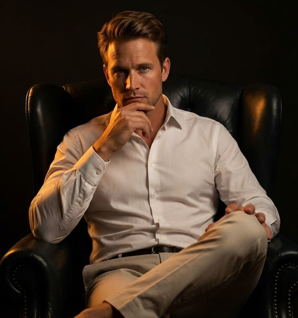 Мужской кинематографичный портрет в кресле