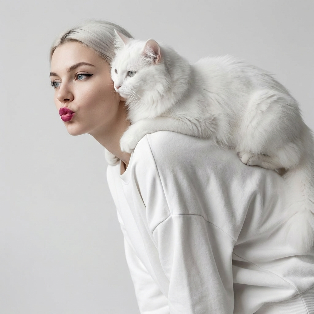 Игривое фото с белым котом