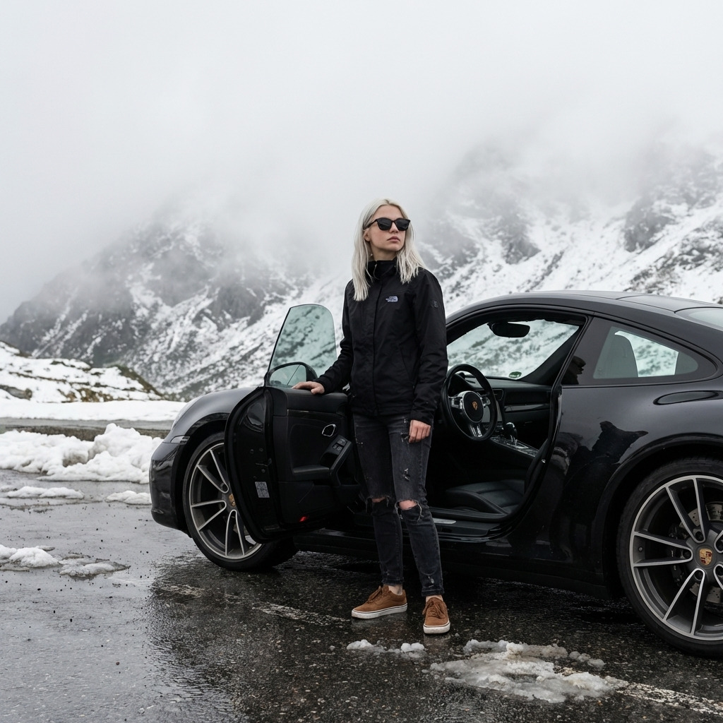 Девушка у Porsche в горах