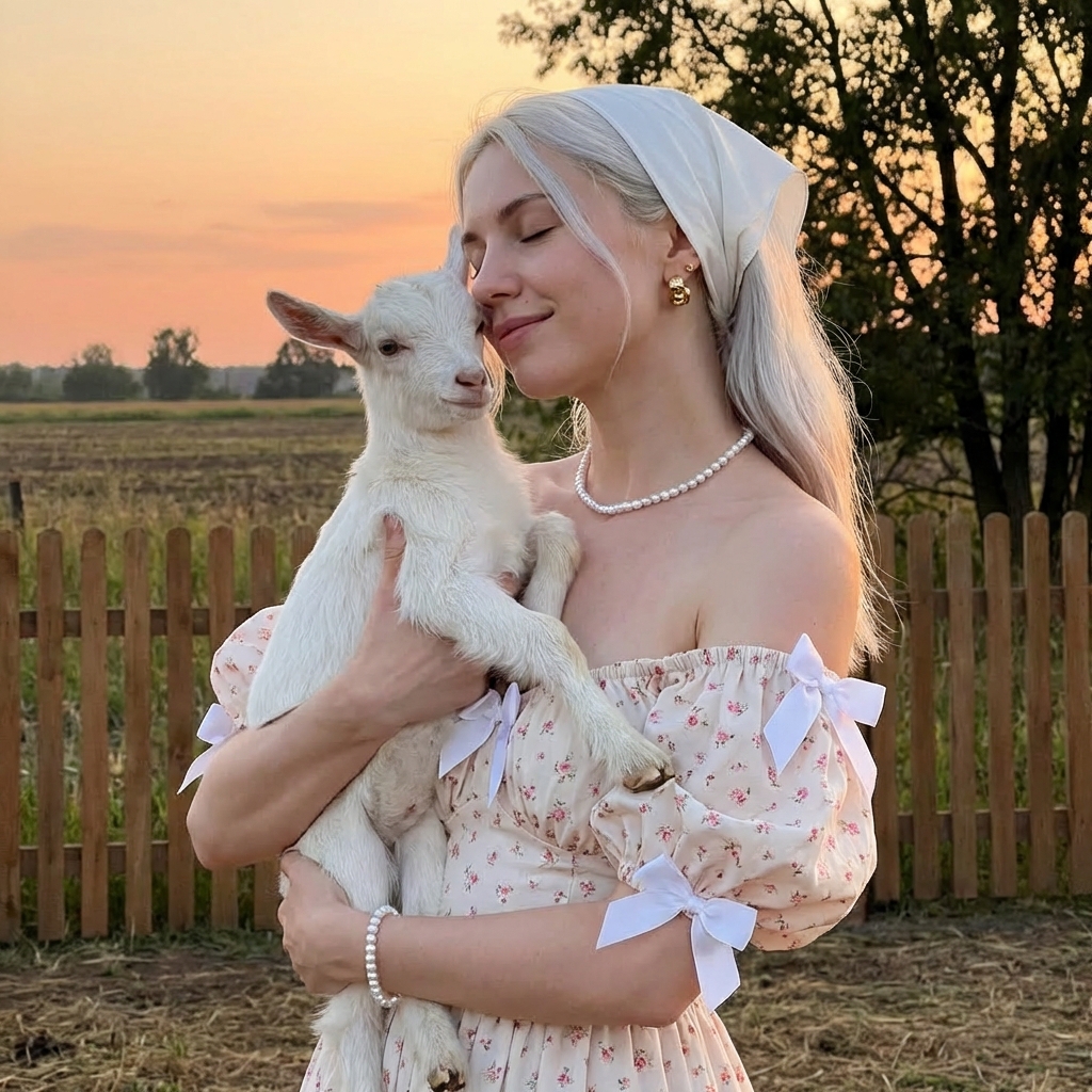 Девушка с козленком в деревне