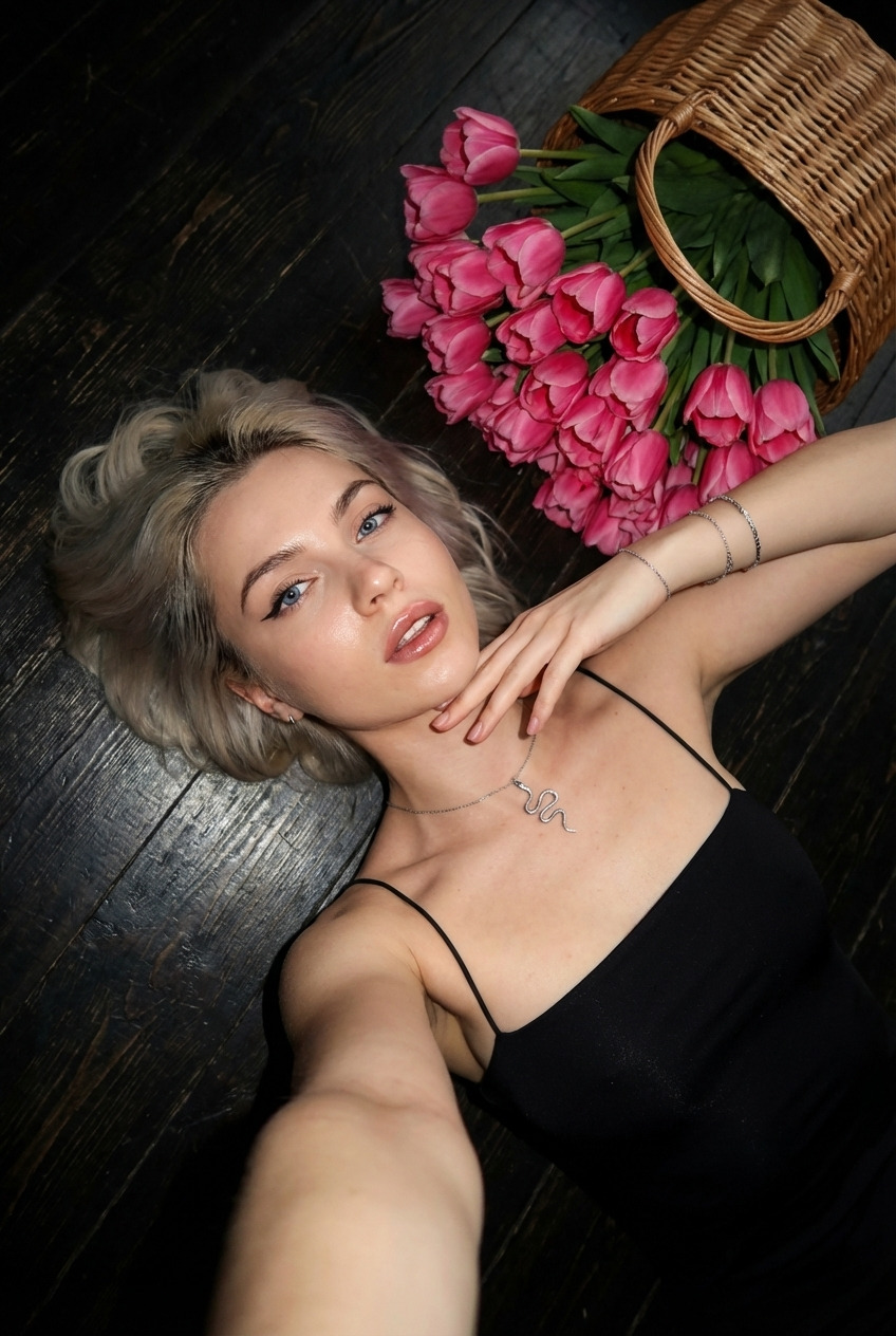 Эстетичное селфи с розовыми тюльпанами