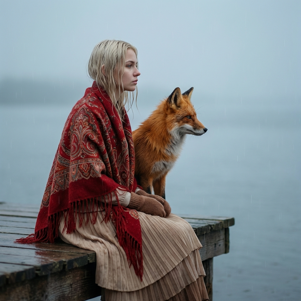 Девушка и лиса в тумане