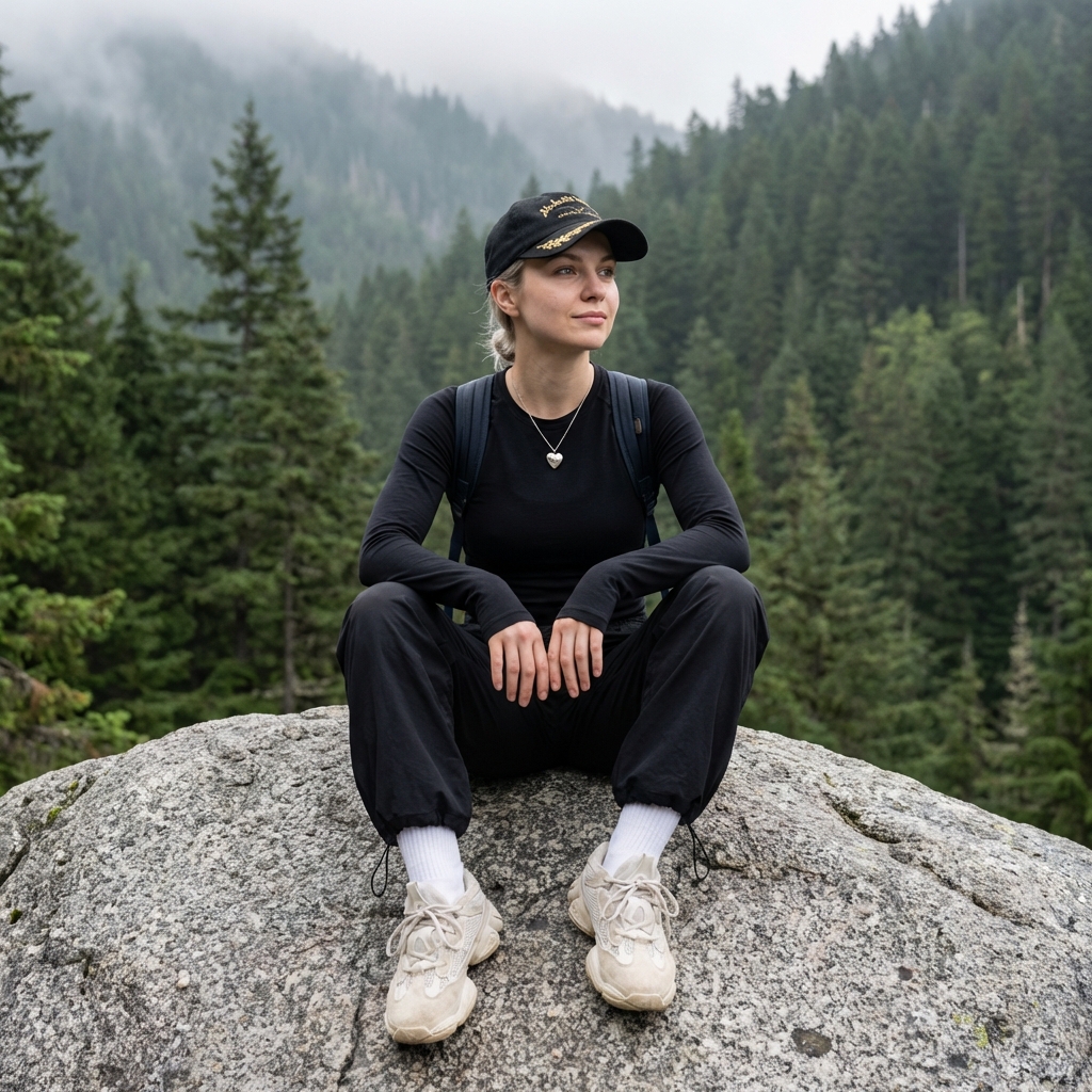 Девушка на вершине горного валуна