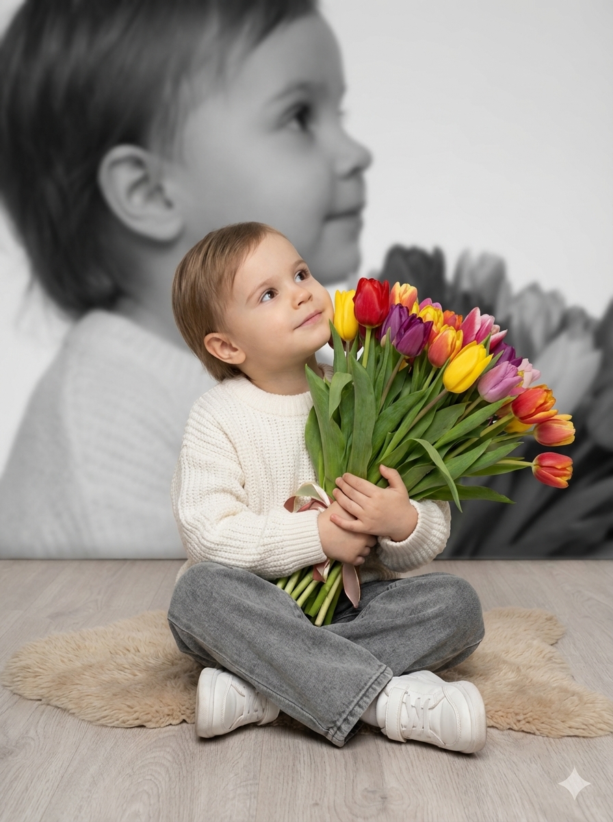 Мечтательная ребенок с весенними тюльпанами