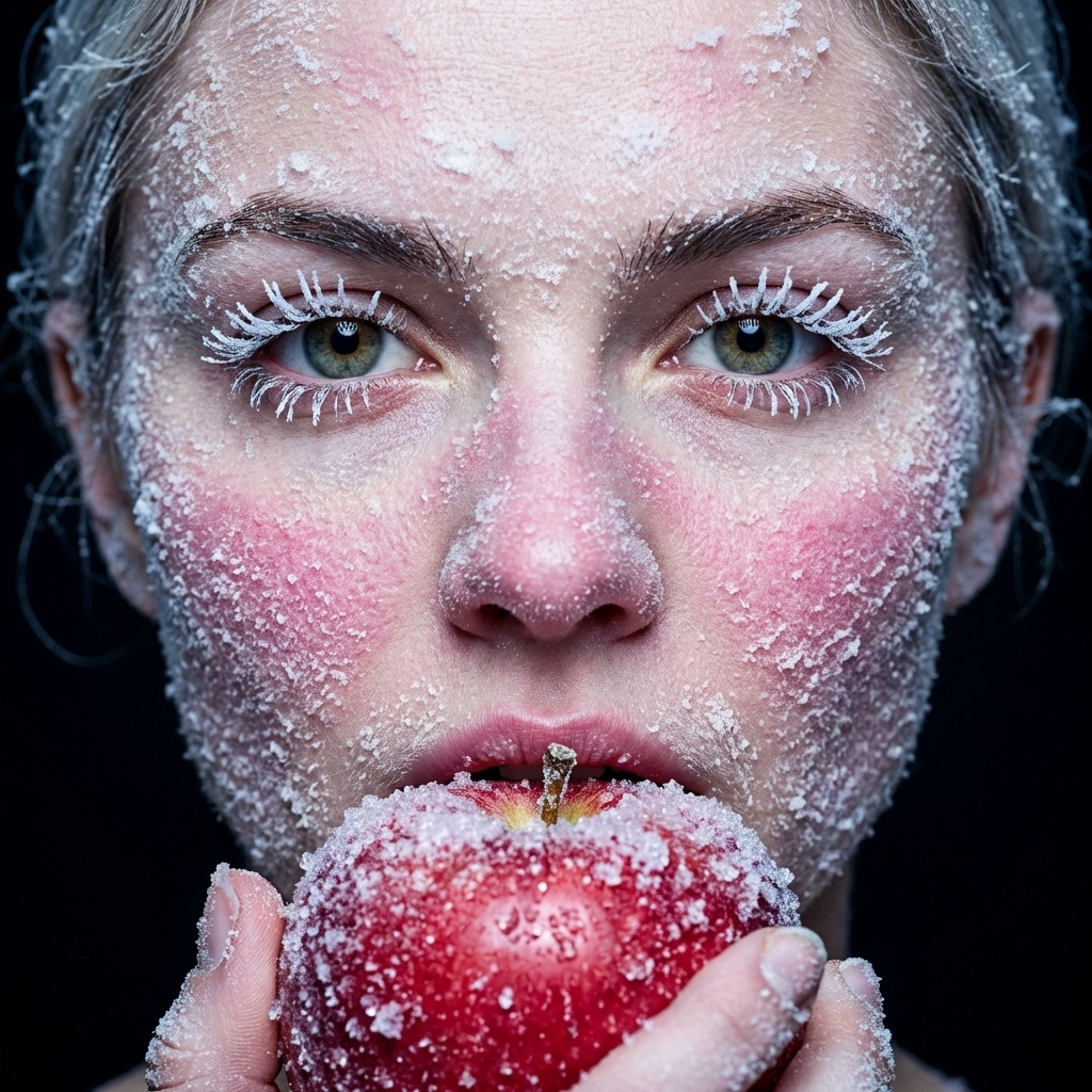 Ледяной портрет с красным яблоком