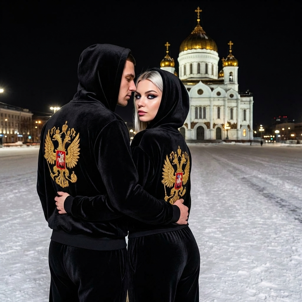 Пара в велюровых костюмах ночью