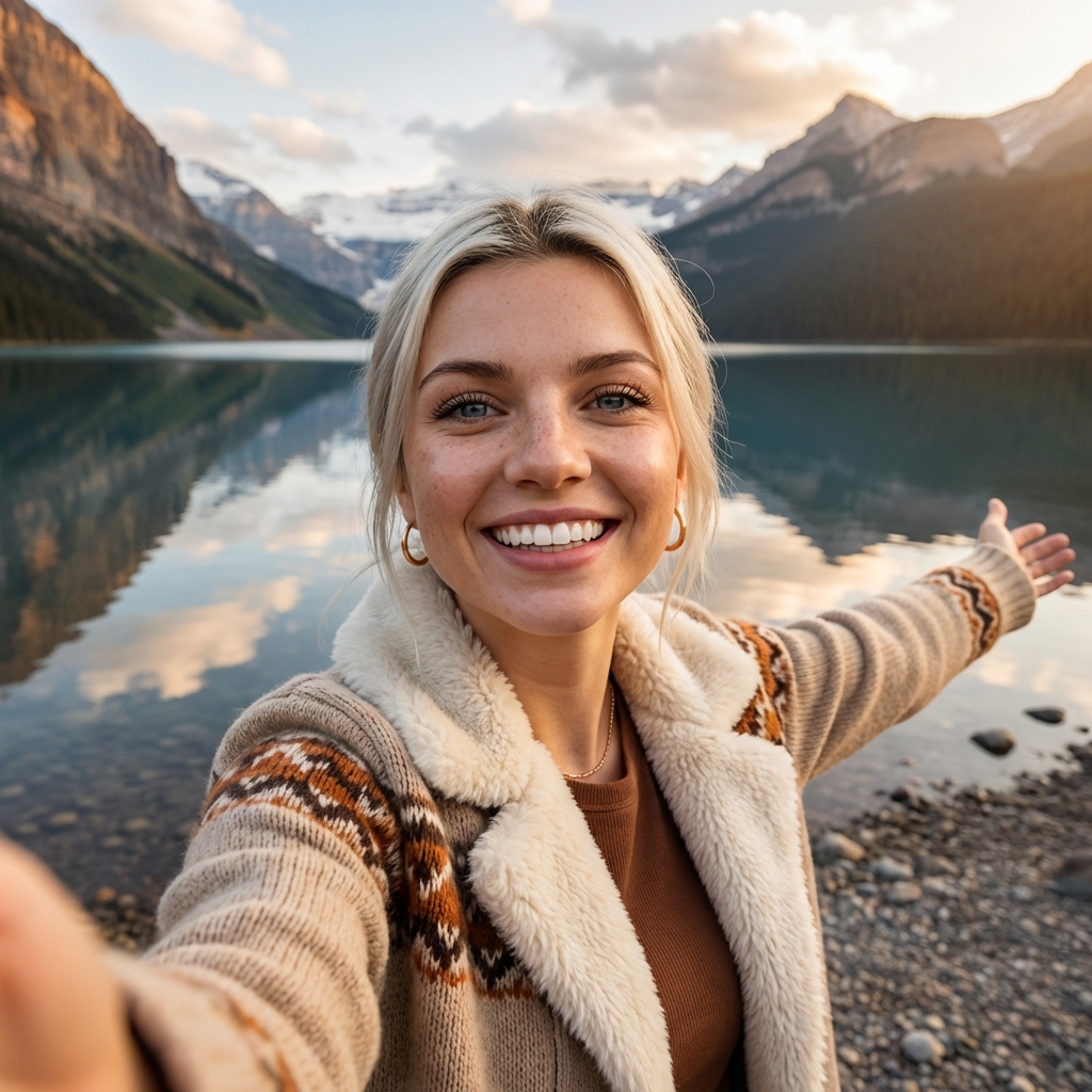 Селфи в горах у озера