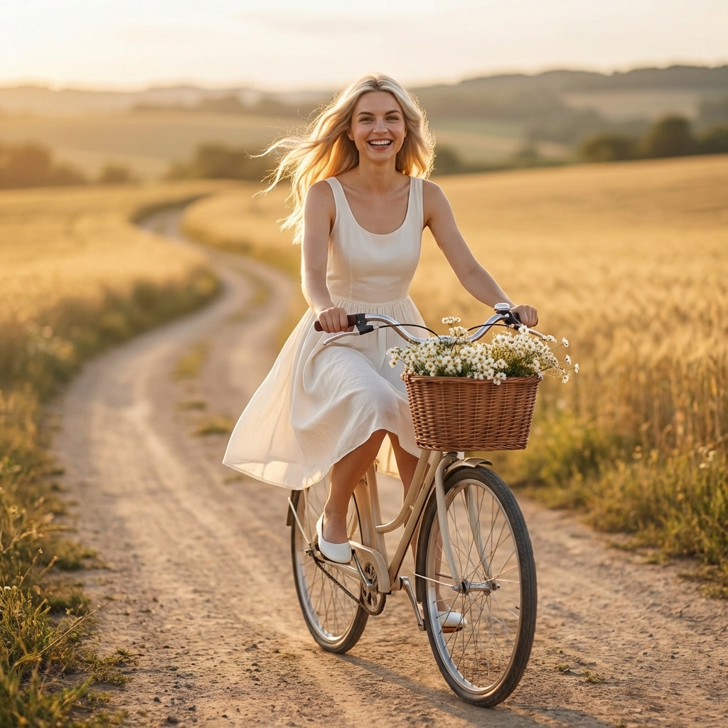 Девушка на велосипеде в полях