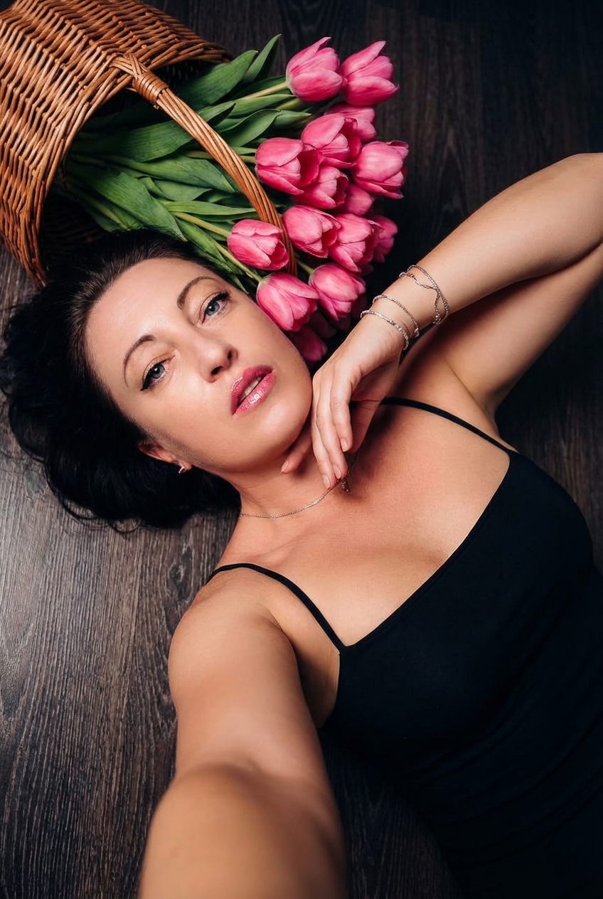 Работа в стиле Эстетичное селфи с розовыми тюльпанами