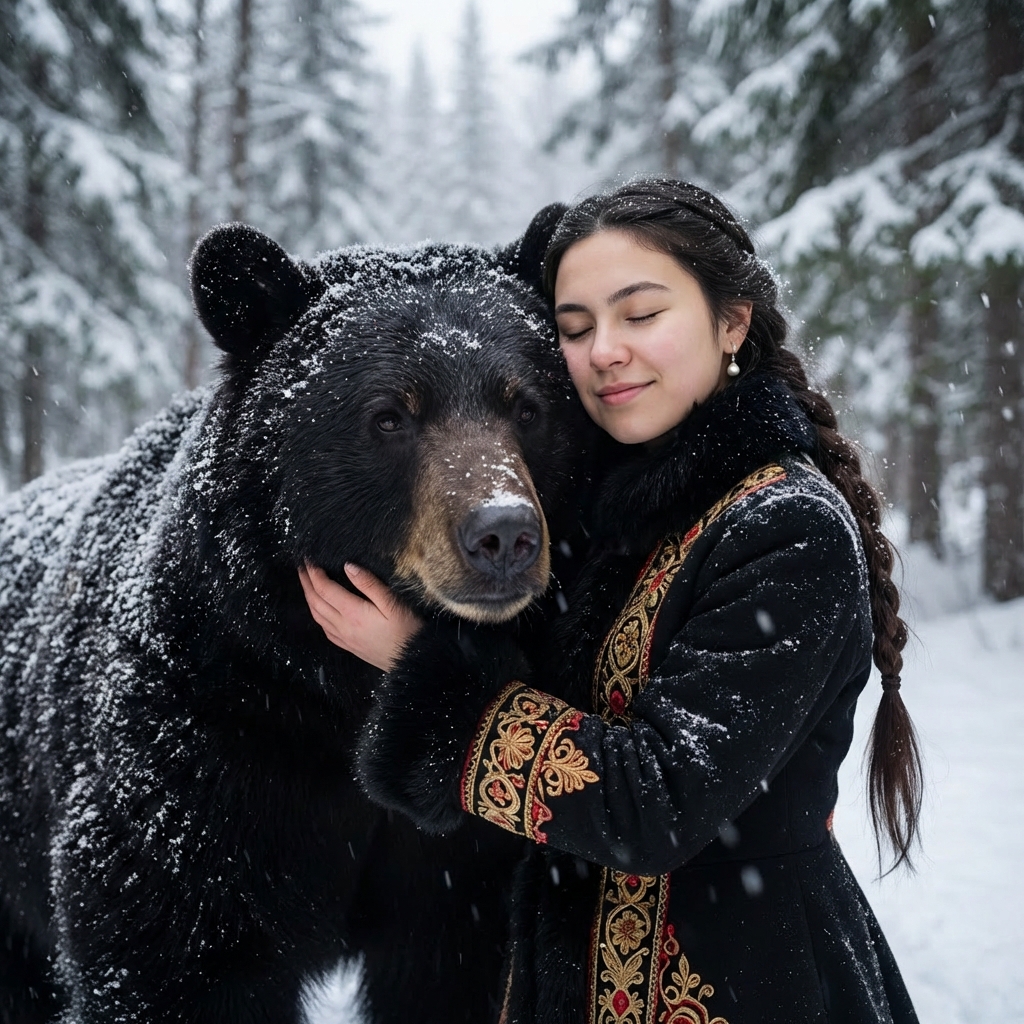 Работа в стиле Девушка с медведем в лесу